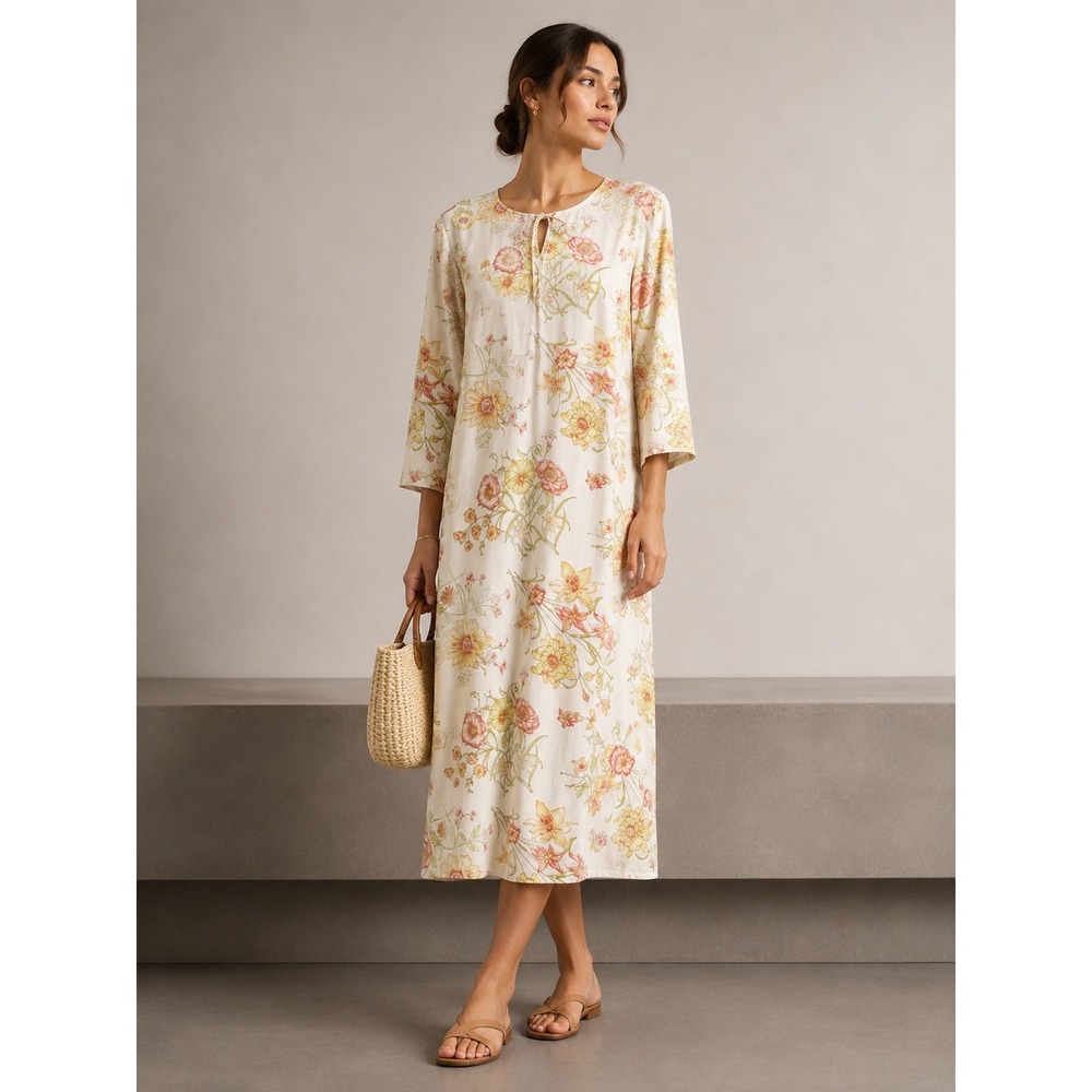 Vintage 60s Floral Midi Shift Dress Yellow Pink 3/4 Sleeve Keyhole Neck M